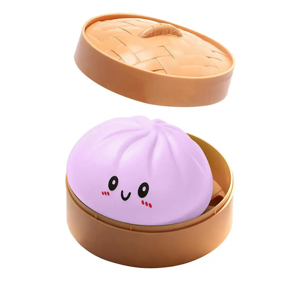 Realistic giant dumpling squeeze toy with bamboo steamer, soft TPR stress relief decompression fidget