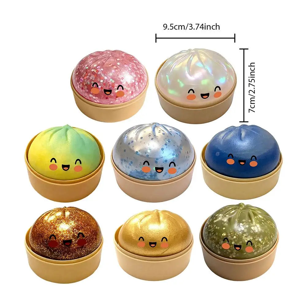 Realistic giant dumpling squeeze toy with bamboo steamer, soft TPR stress relief decompression fidget