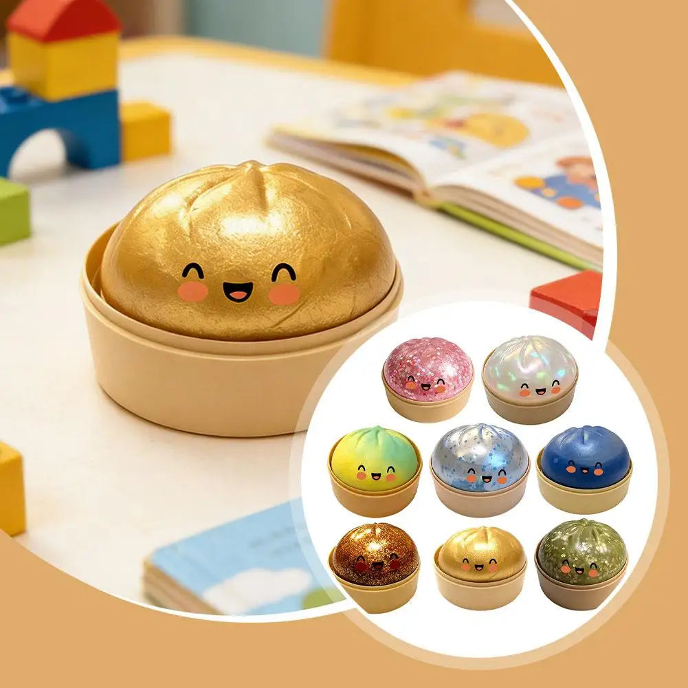 Realistic giant dumpling squeeze toy with bamboo steamer, soft TPR stress relief decompression fidget