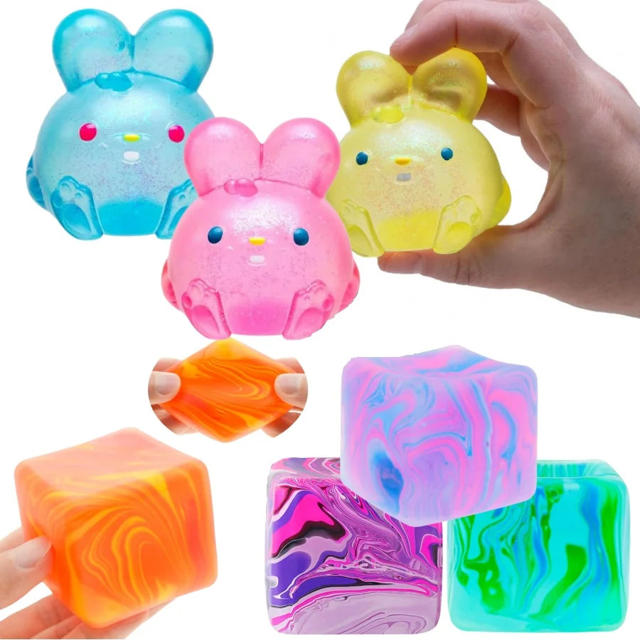 Cute rabbit ice cube squishy fidget toy for stress relief, soft sensory squeeze toy