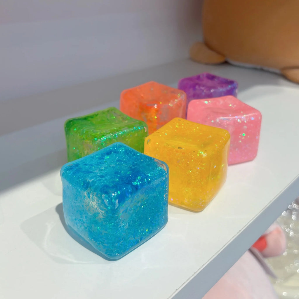 Square ice cube shaped squishy fidget toy for stress and anxiety relief, sensory toy