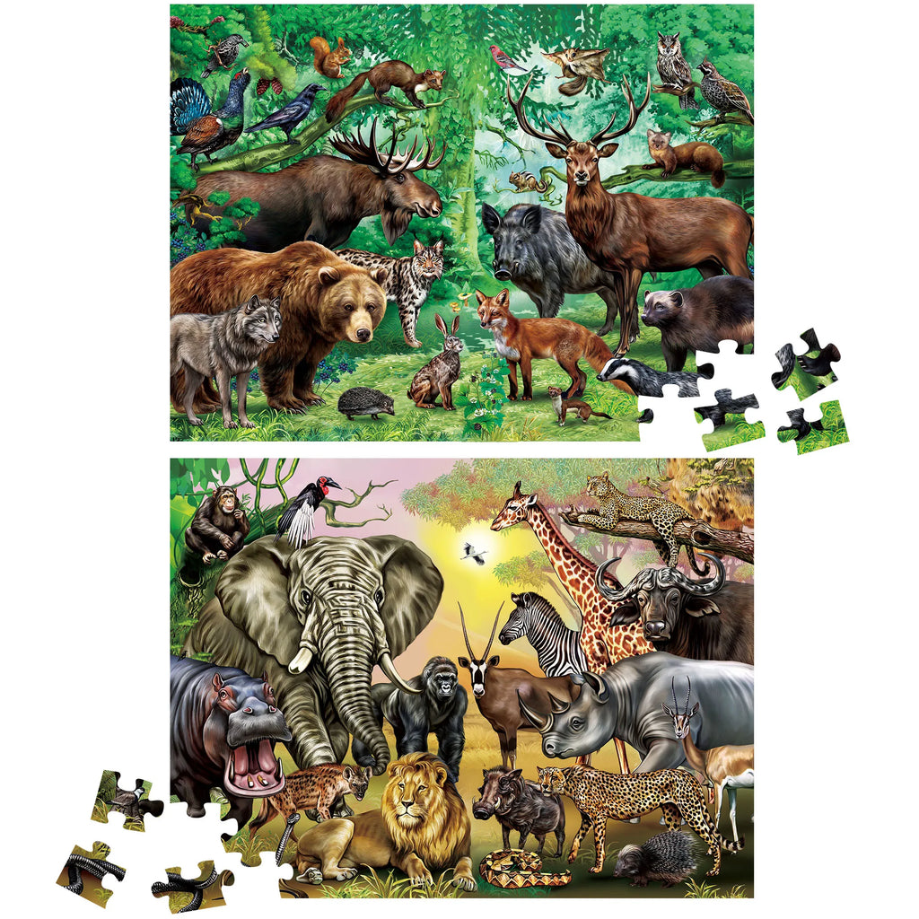 Double-sided 100-piece kids jigsaw puzzle featuring wild animals, educational 2-in-1 set