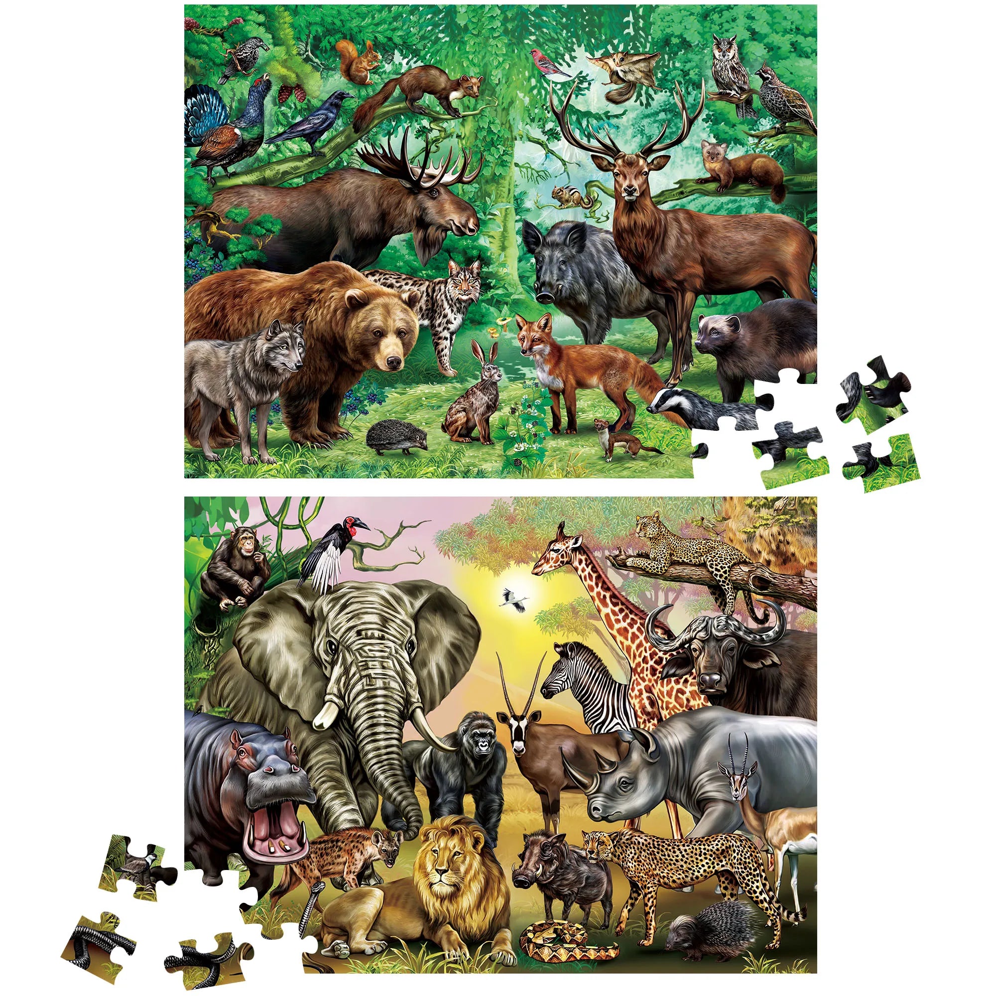 Double-sided 100-piece kids jigsaw puzzle featuring wild animals, educational 2-in-1 set