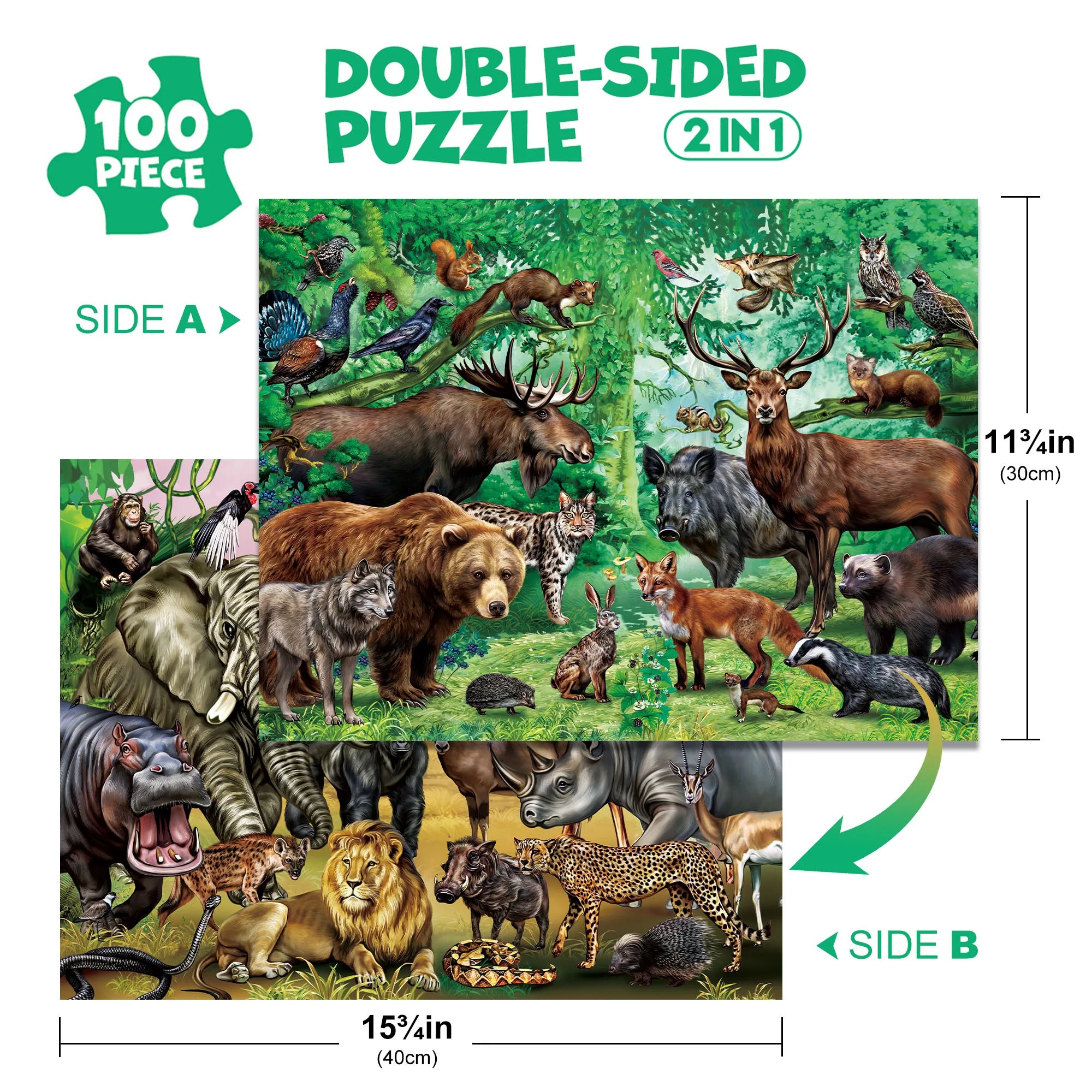 Double-sided 100-piece kids jigsaw puzzle featuring wild animals, educational 2-in-1 set