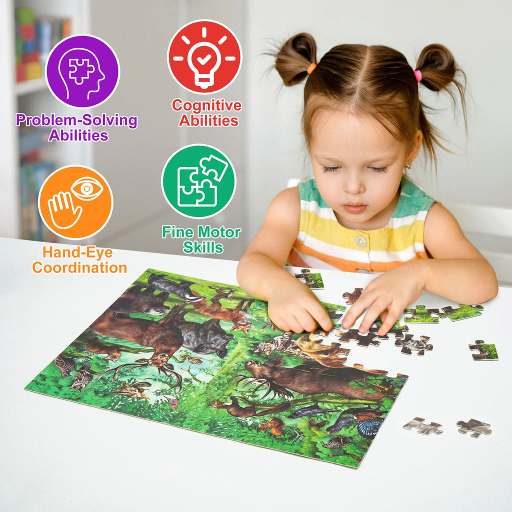 Double-sided 100-piece kids jigsaw puzzle featuring wild animals, educational 2-in-1 set