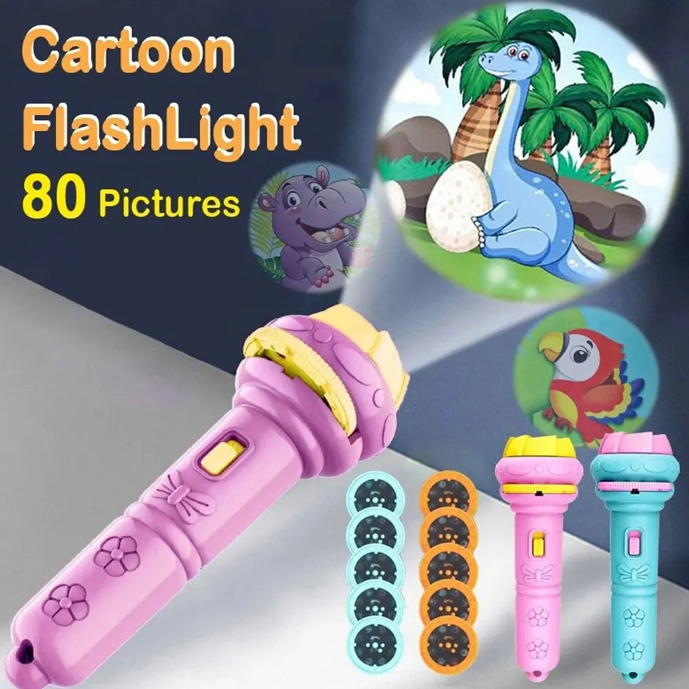 Kids cartoon projector flashlight early learning toy that projects images for cognitive play