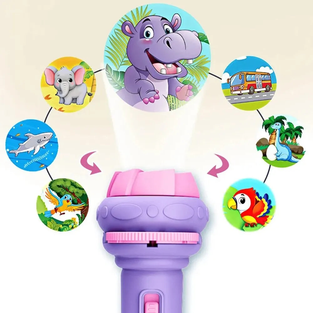 Kids cartoon projector flashlight early learning toy that projects images for cognitive play