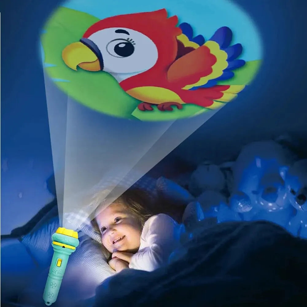Kids cartoon projector flashlight early learning toy that projects images for cognitive play