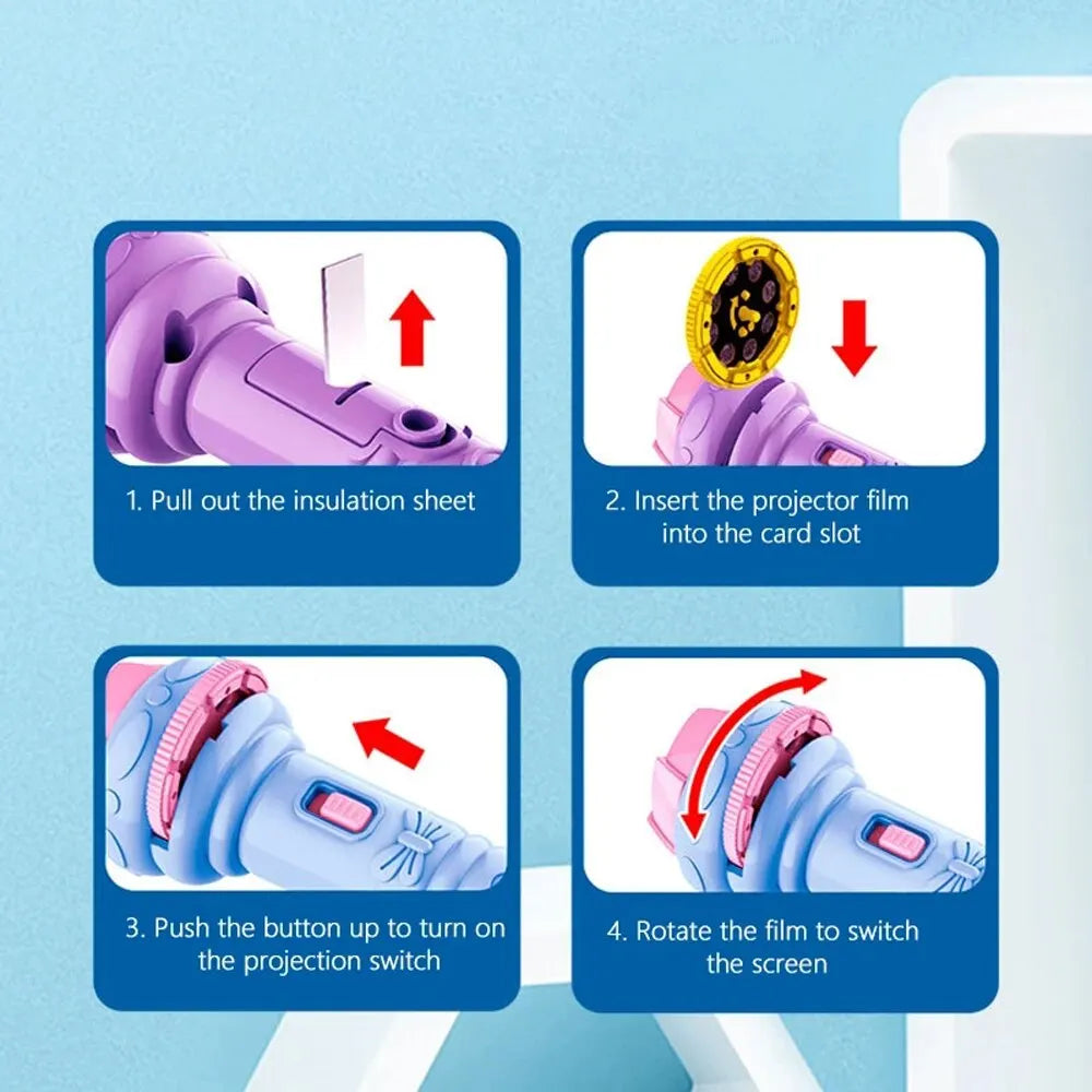 Kids cartoon projector flashlight early learning toy that projects images for cognitive play