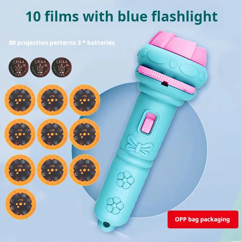 Kids cartoon projector flashlight early learning toy that projects images for cognitive play
