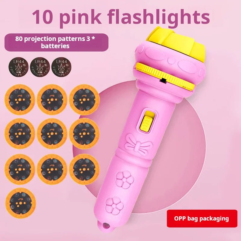 Kids cartoon projector flashlight early learning toy that projects images for cognitive play
