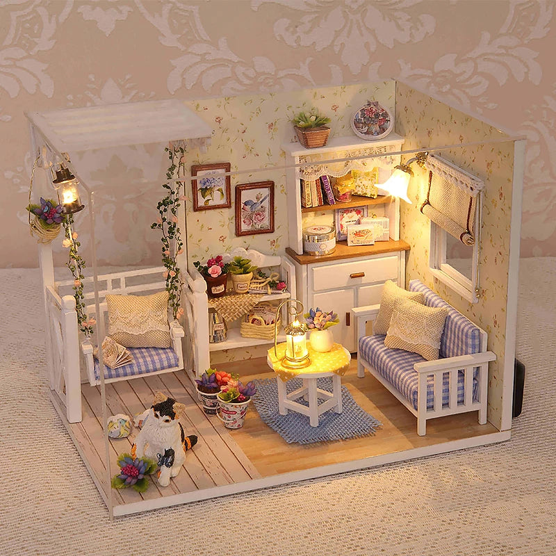 Kitten miniature dollhouse 3D wooden puzzle model kit with furniture, DIY build for display