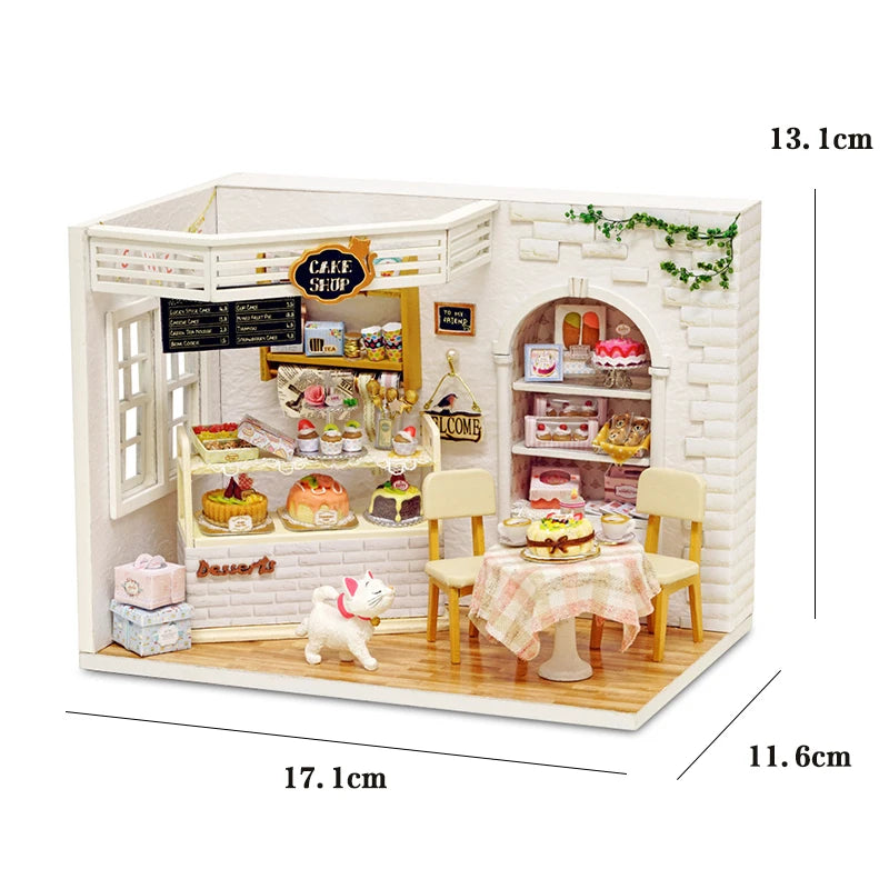 Kitten miniature dollhouse 3D wooden puzzle model kit with furniture, DIY build for display