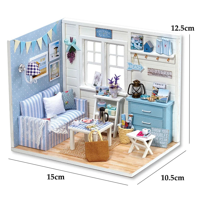 Kitten miniature dollhouse 3D wooden puzzle model kit with furniture, DIY build for display