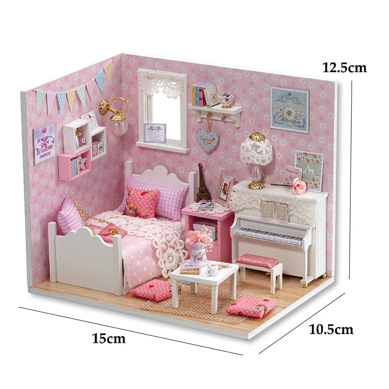 Kitten miniature dollhouse 3D wooden puzzle model kit with furniture, DIY build for display