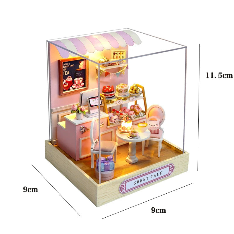 Kitten miniature dollhouse 3D wooden puzzle model kit with furniture, DIY build for display