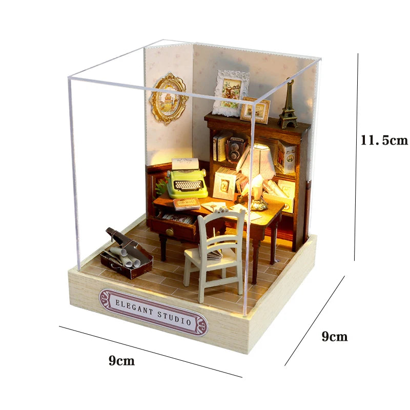 Kitten miniature dollhouse 3D wooden puzzle model kit with furniture, DIY build for display