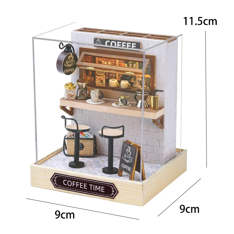 Kitten miniature dollhouse 3D wooden puzzle model kit with furniture, DIY build for display