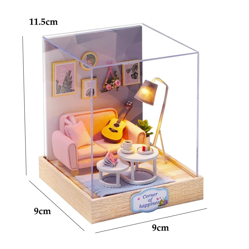 Kitten miniature dollhouse 3D wooden puzzle model kit with furniture, DIY build for display