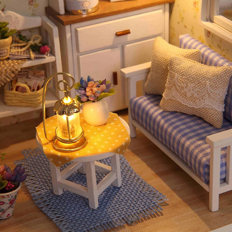 Kitten miniature dollhouse 3D wooden puzzle model kit with furniture, DIY build for display