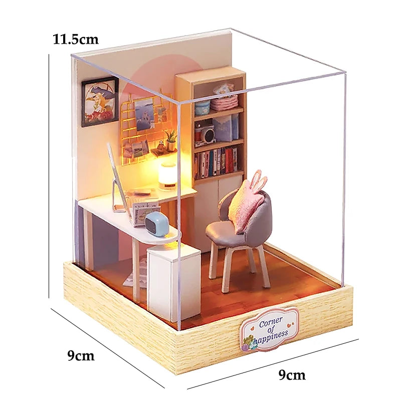 Kitten miniature dollhouse 3D wooden puzzle model kit with furniture, DIY build for display