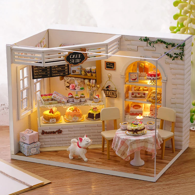Kitten miniature dollhouse 3D wooden puzzle model kit with furniture, DIY build for display