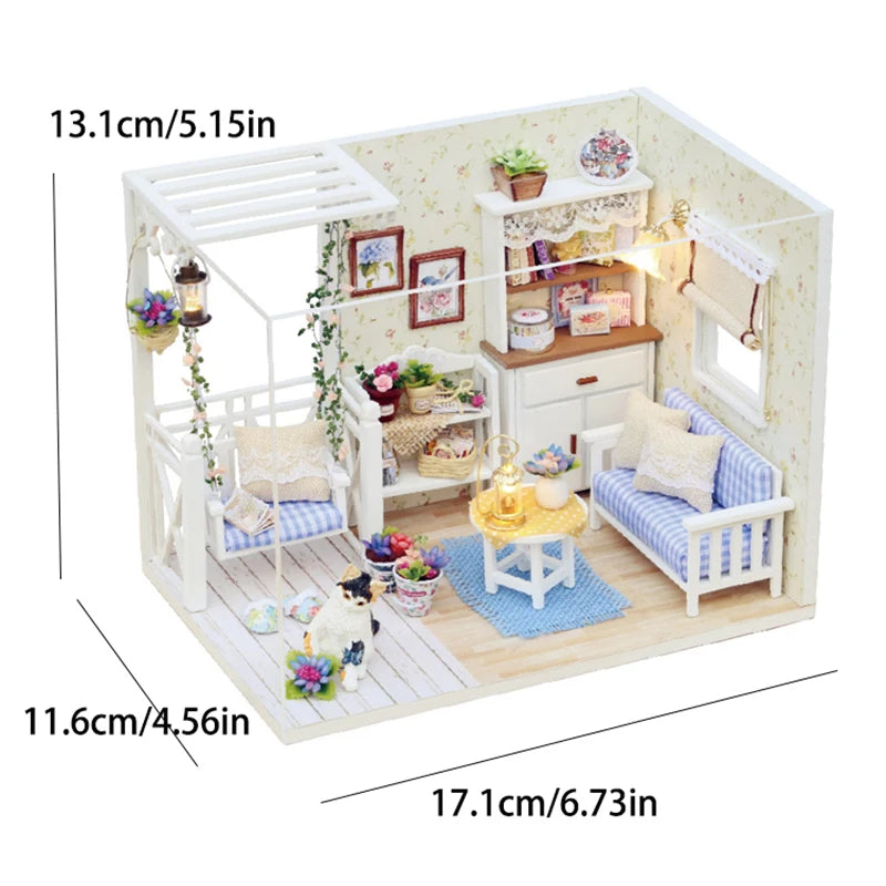 Kitten miniature dollhouse 3D wooden puzzle model kit with furniture, DIY build for display