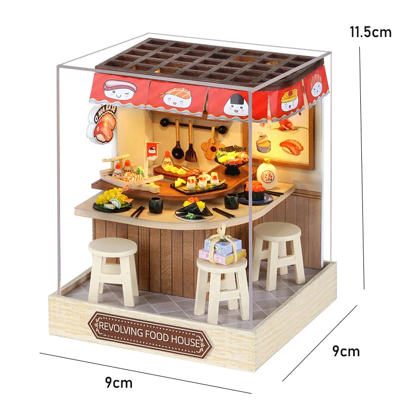 Kitten miniature dollhouse 3D wooden puzzle model kit with furniture, DIY build for display