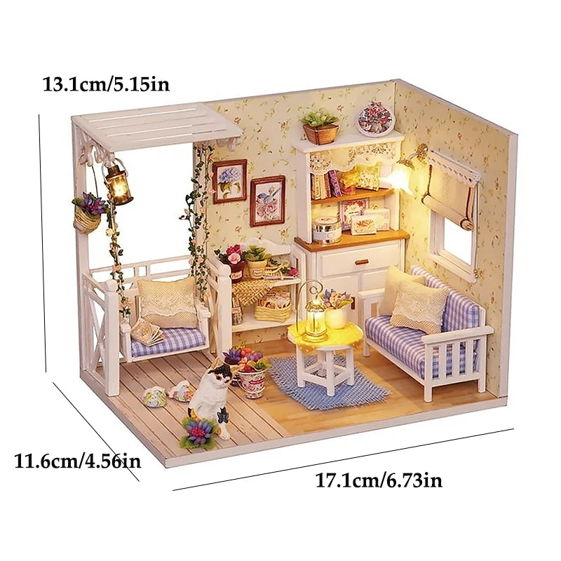 Kitten miniature dollhouse 3D wooden puzzle model kit with furniture, DIY build for display