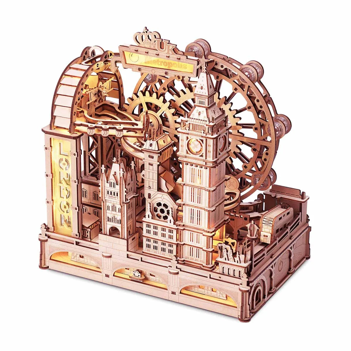 London-themed marble run, 3D wooden puzzle kit and interactive desk display for adults