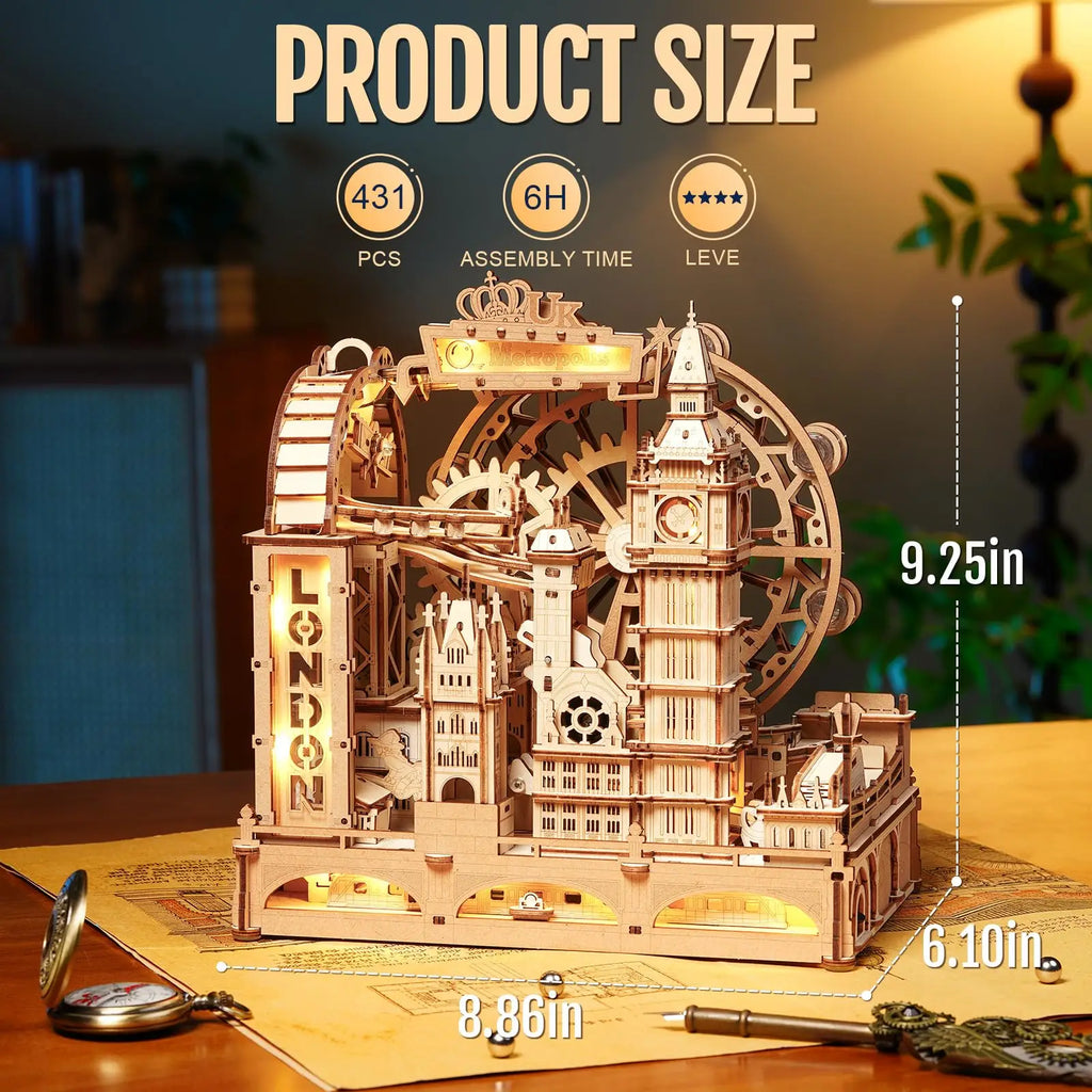 London-themed marble run, 3D wooden puzzle kit and interactive desk display for adults