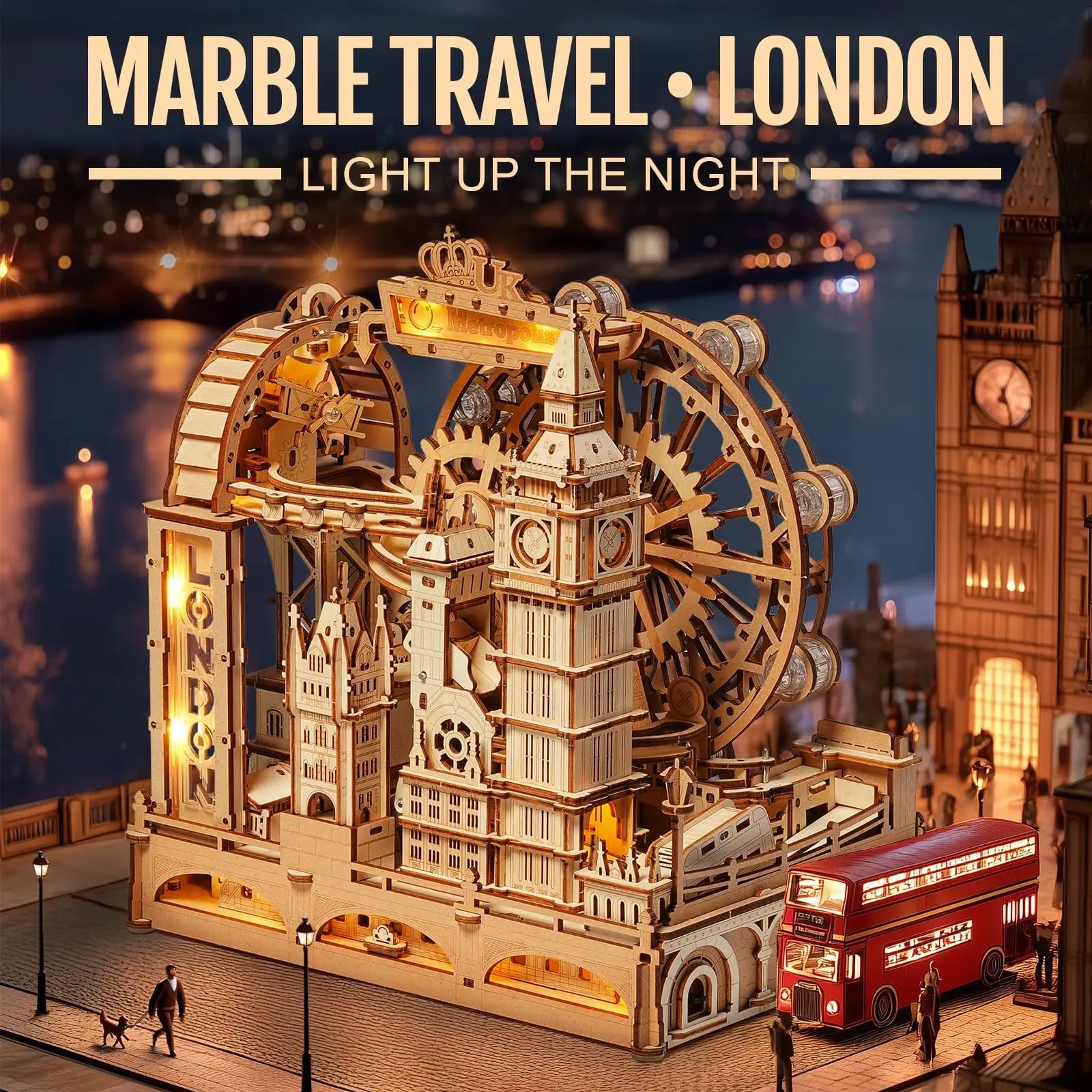 London-themed marble run, 3D wooden puzzle kit and interactive desk display for adults