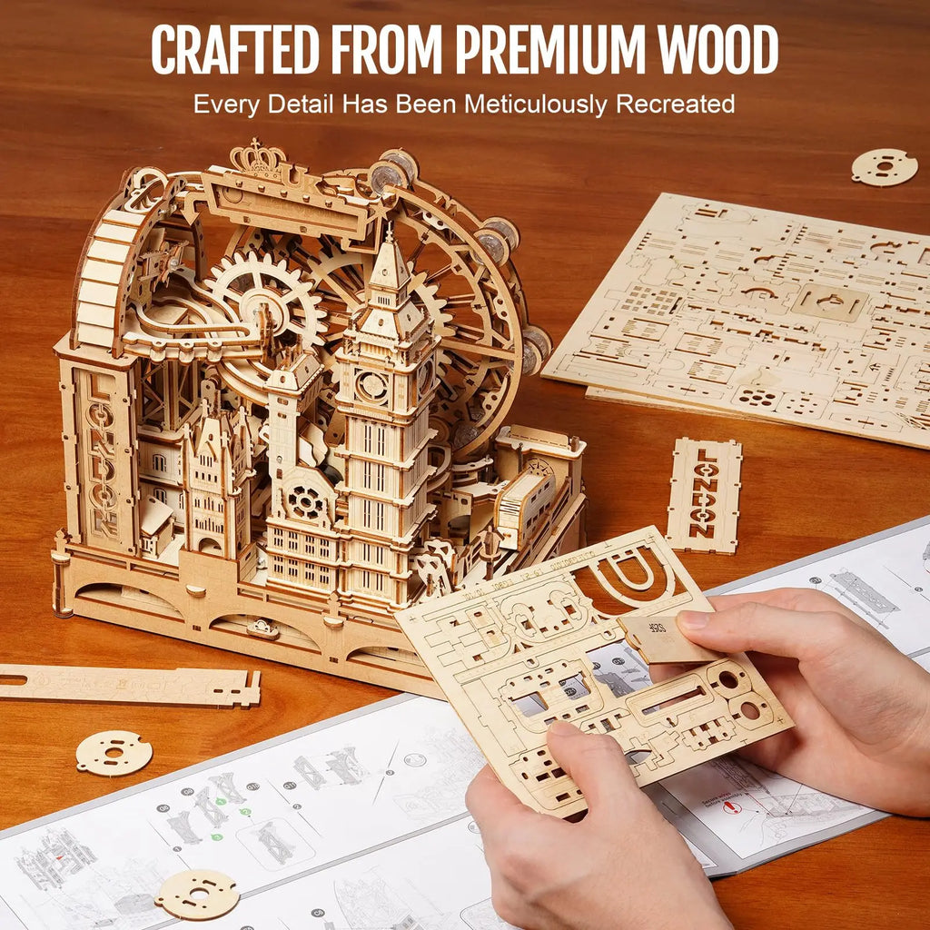 London-themed marble run, 3D wooden puzzle kit and interactive desk display for adults