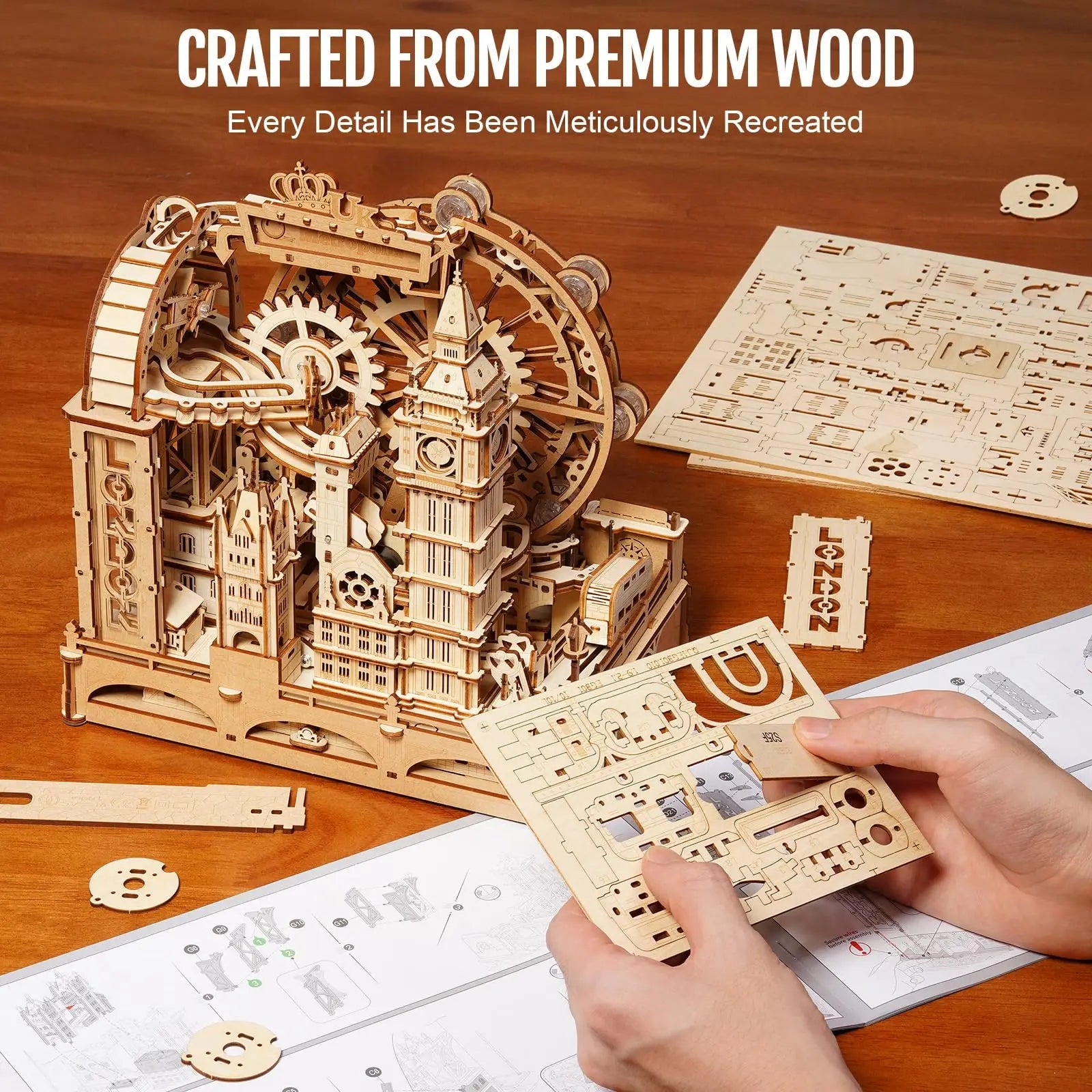 London-themed marble run, 3D wooden puzzle kit and interactive desk display for adults