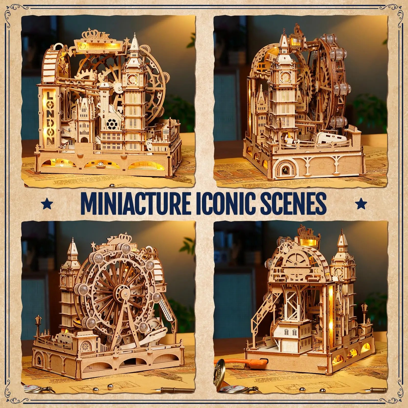 London-themed marble run, 3D wooden puzzle kit and interactive desk display for adults