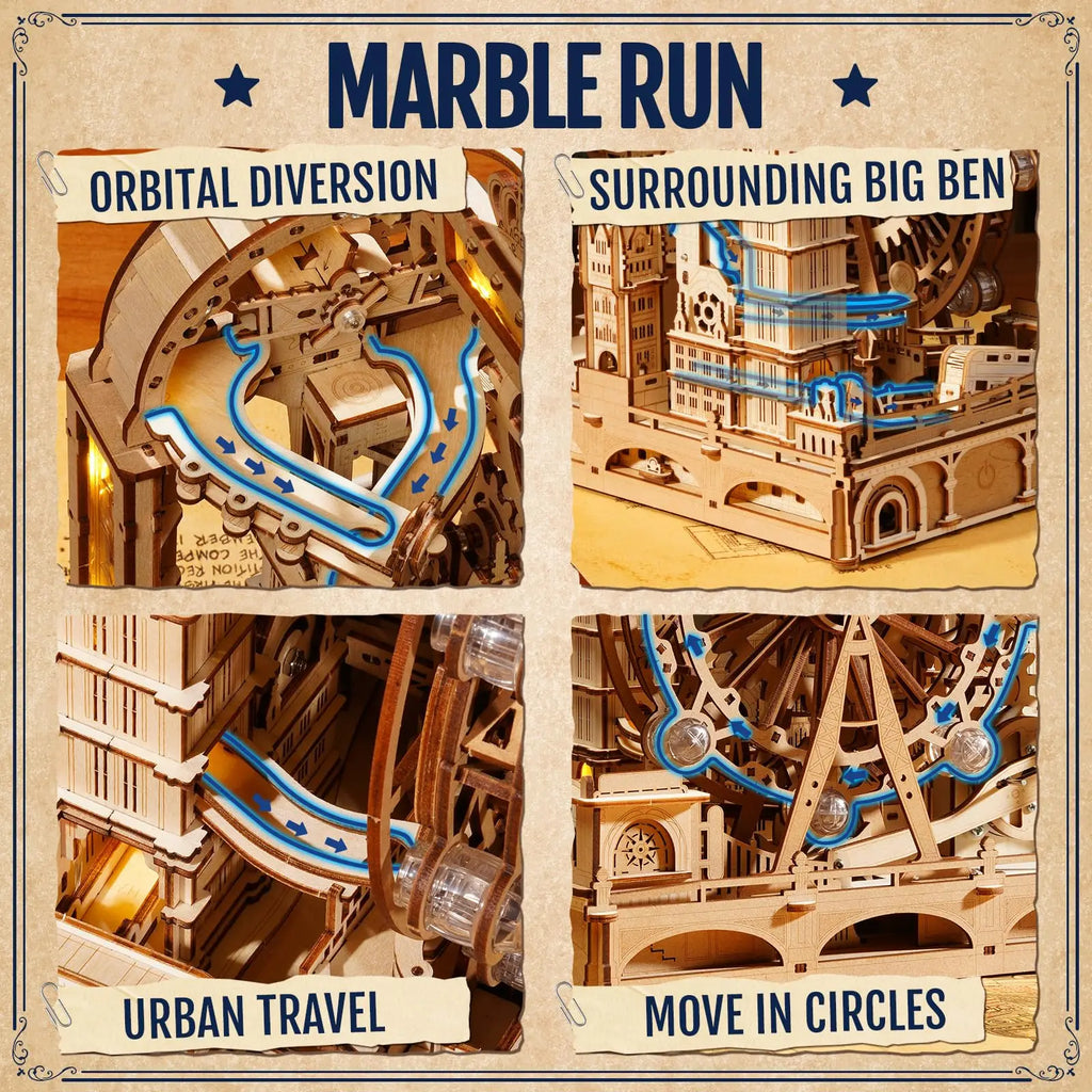 London-themed marble run, 3D wooden puzzle kit and interactive desk display for adults