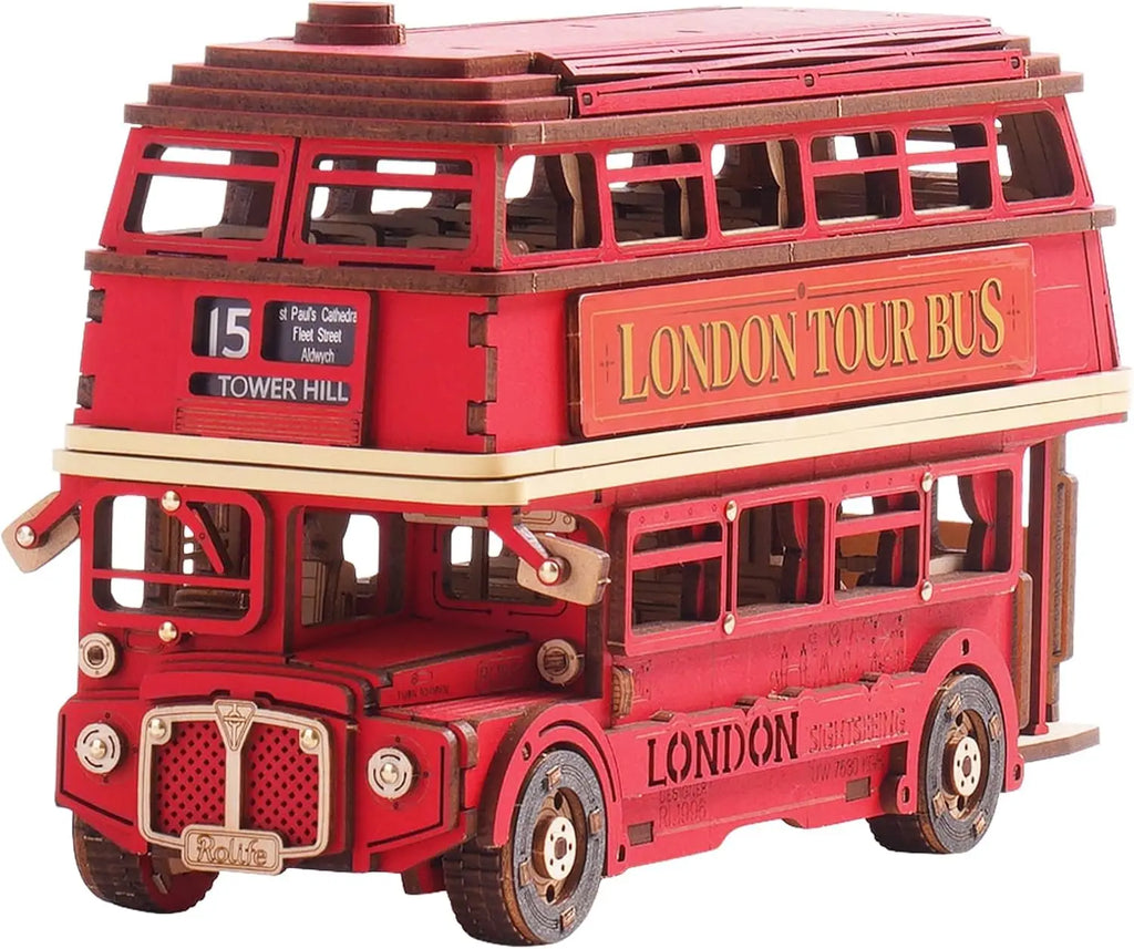 London tour bus 3D wooden puzzle model car kit, DIY build collectible for teens and adults