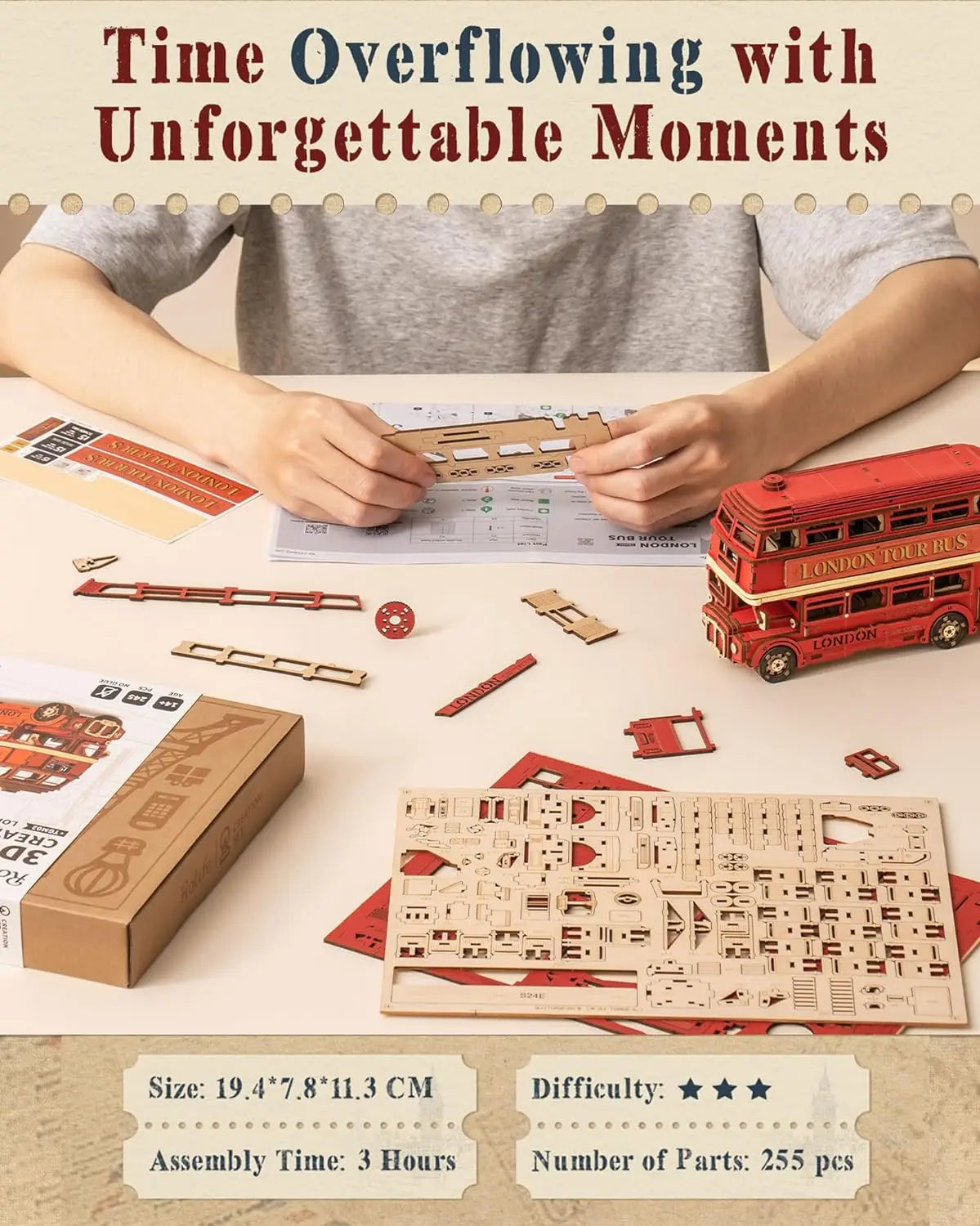 London tour bus 3D wooden puzzle model car kit, DIY build collectible for teens and adults
