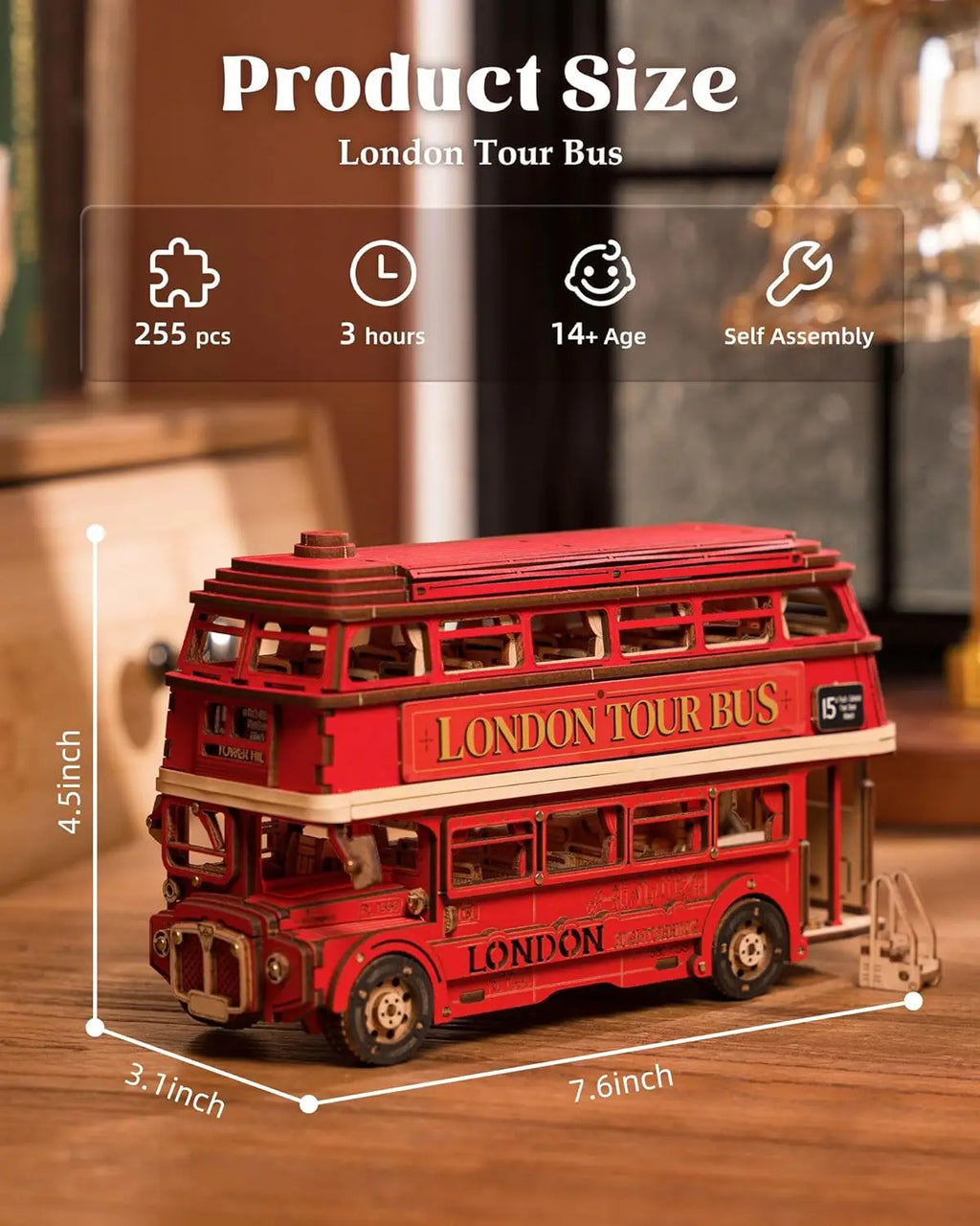 London tour bus 3D wooden puzzle model car kit, DIY build collectible for teens and adults
