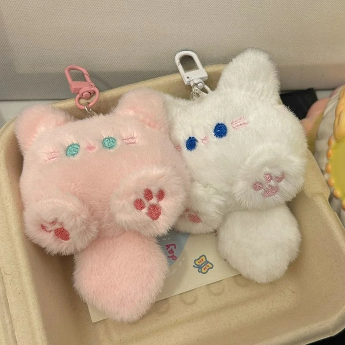Cute long tail cat plush keychain cartoon bag charm with lobster clasp, soft pendant gift