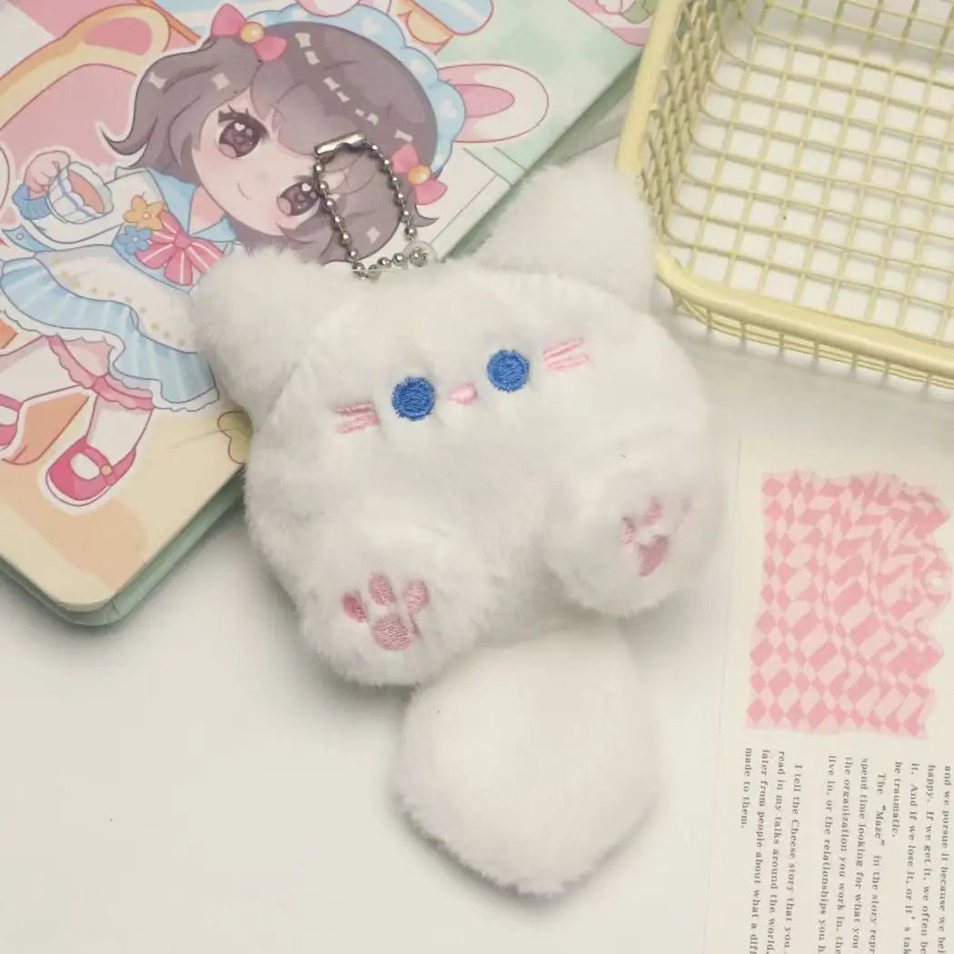 Cute long tail cat plush keychain cartoon bag charm with lobster clasp, soft pendant gift