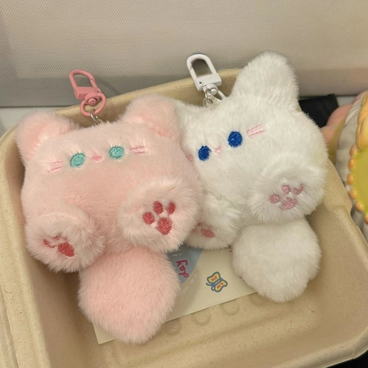 Cute long tail cat plush keychain cartoon bag charm with lobster clasp, soft pendant gift