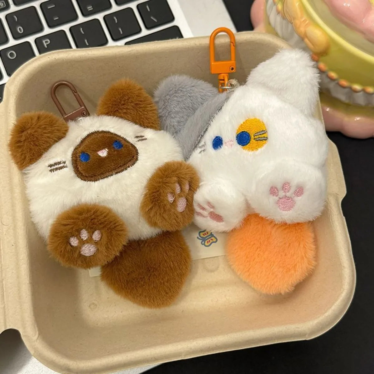 Cute long tail cat plush keychain cartoon bag charm with lobster clasp, soft pendant gift