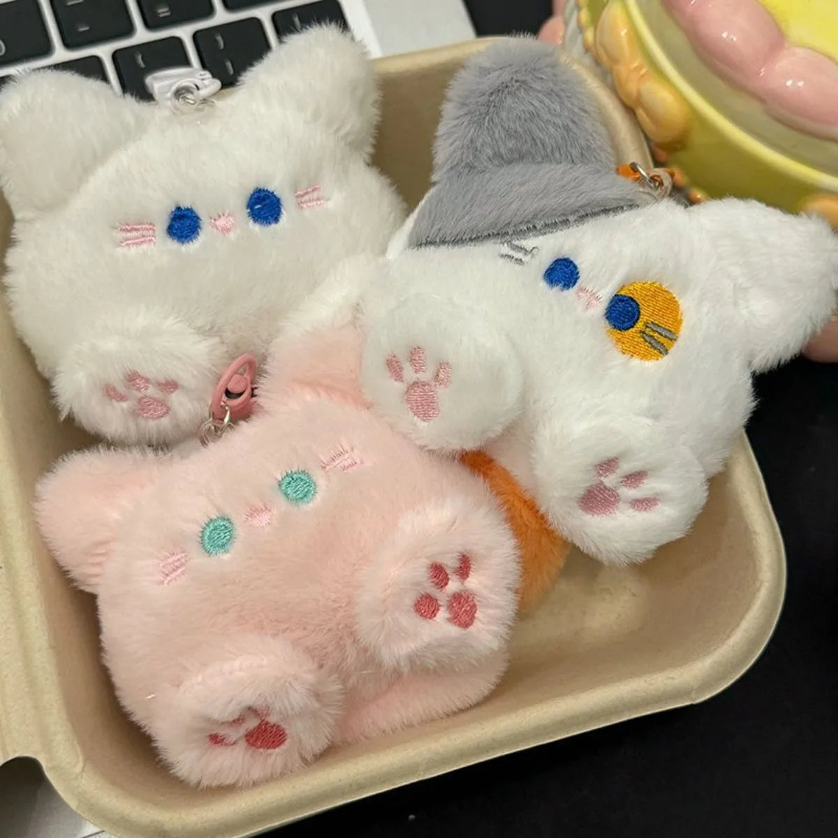 Cute long tail cat plush keychain cartoon bag charm with lobster clasp, soft pendant gift