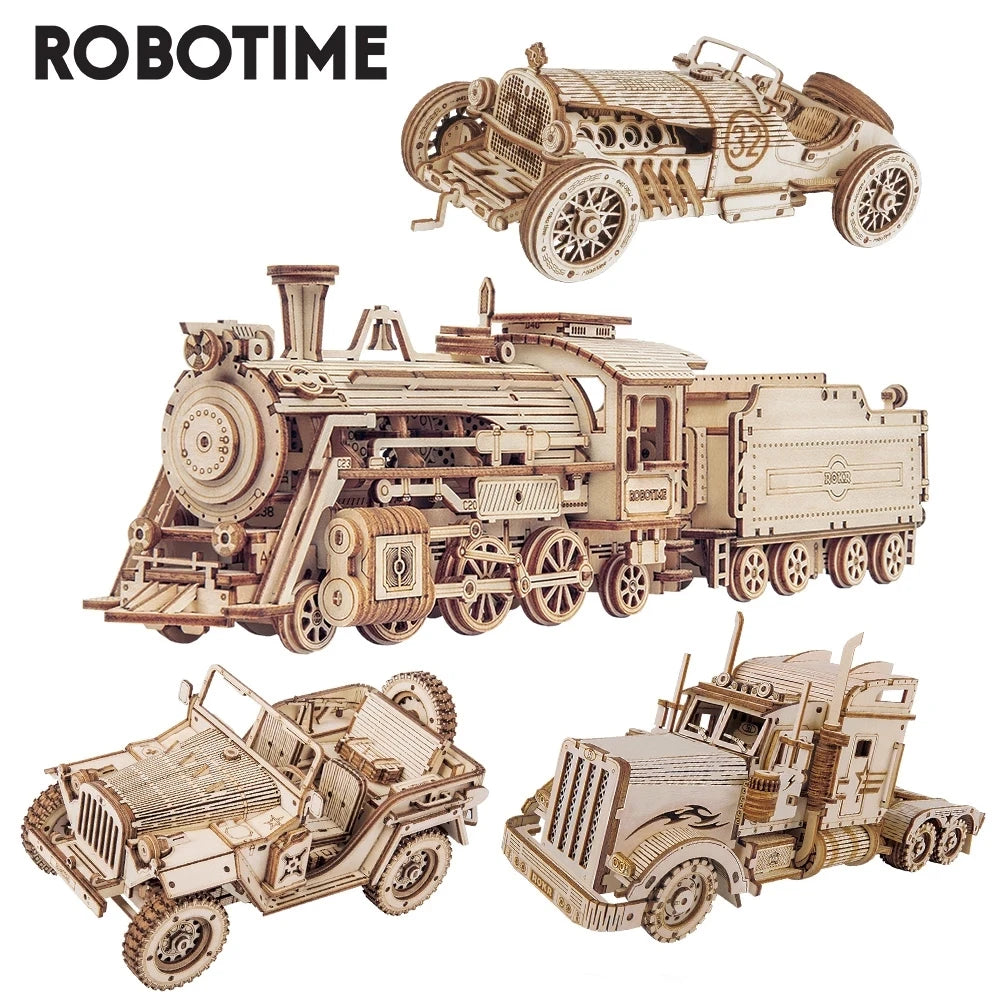 Movable steam train, car and jeep 3D wooden puzzle mechanical model kits, 1:80 scale