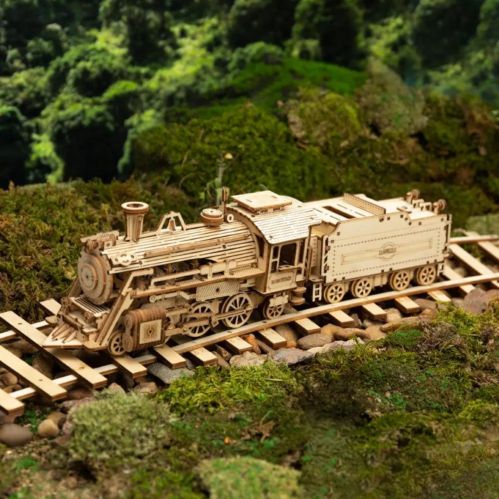 Movable steam train, car and jeep 3D wooden puzzle mechanical model kits, 1:80 scale