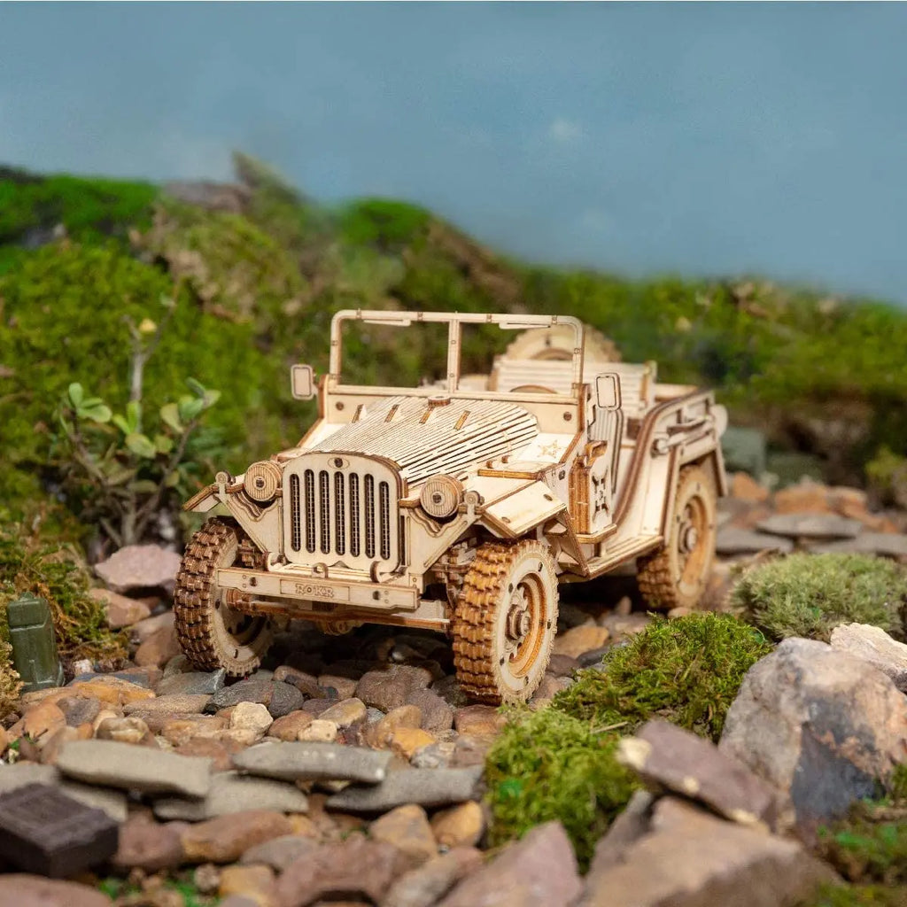 Movable steam train, car and jeep 3D wooden puzzle mechanical model kits, 1:80 scale