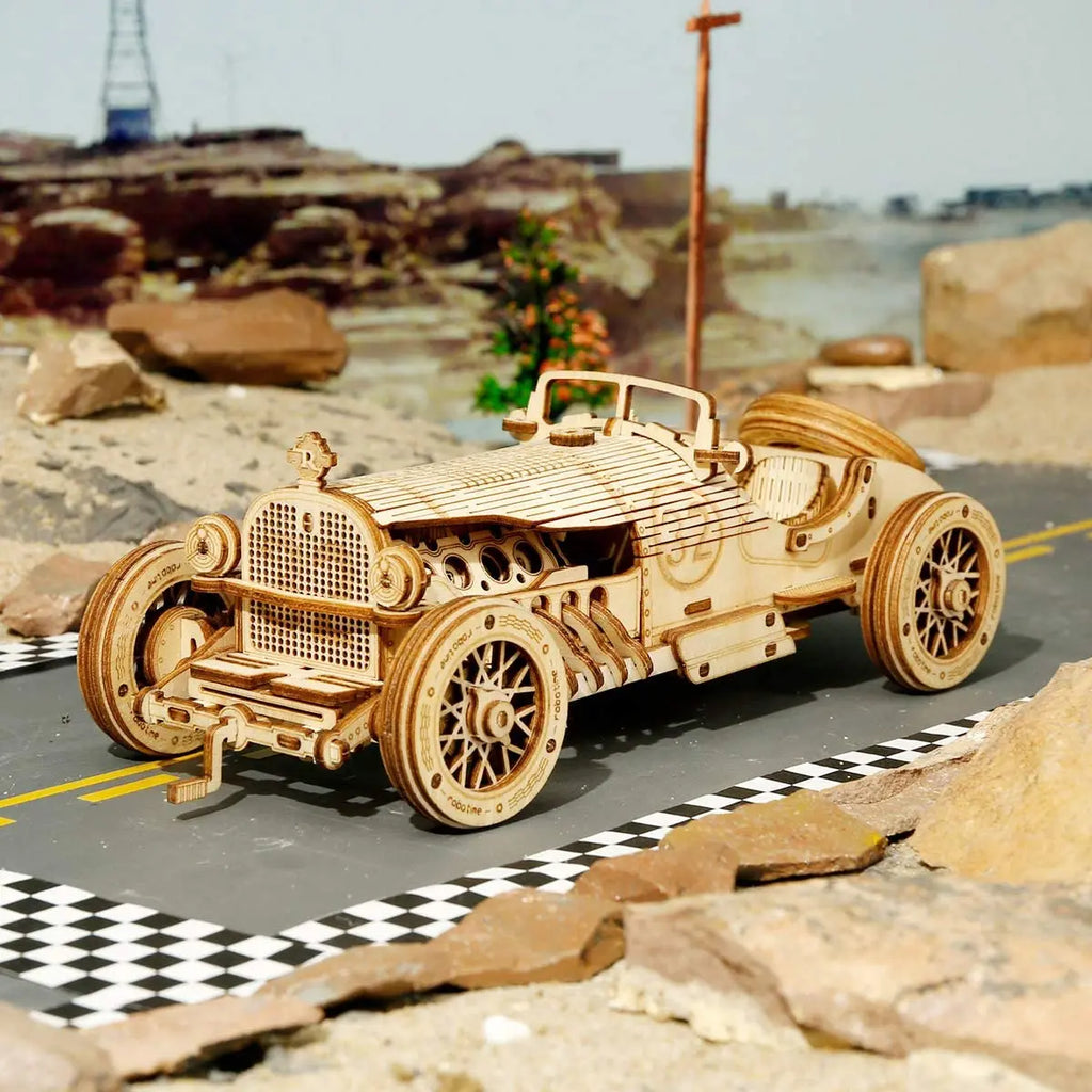 Movable steam train, car and jeep 3D wooden puzzle mechanical model kits, 1:80 scale