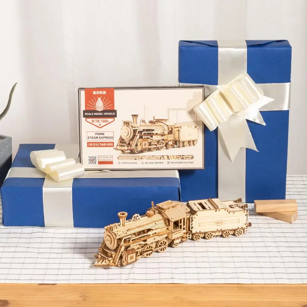 Movable steam train, car and jeep 3D wooden puzzle mechanical model kits, 1:80 scale