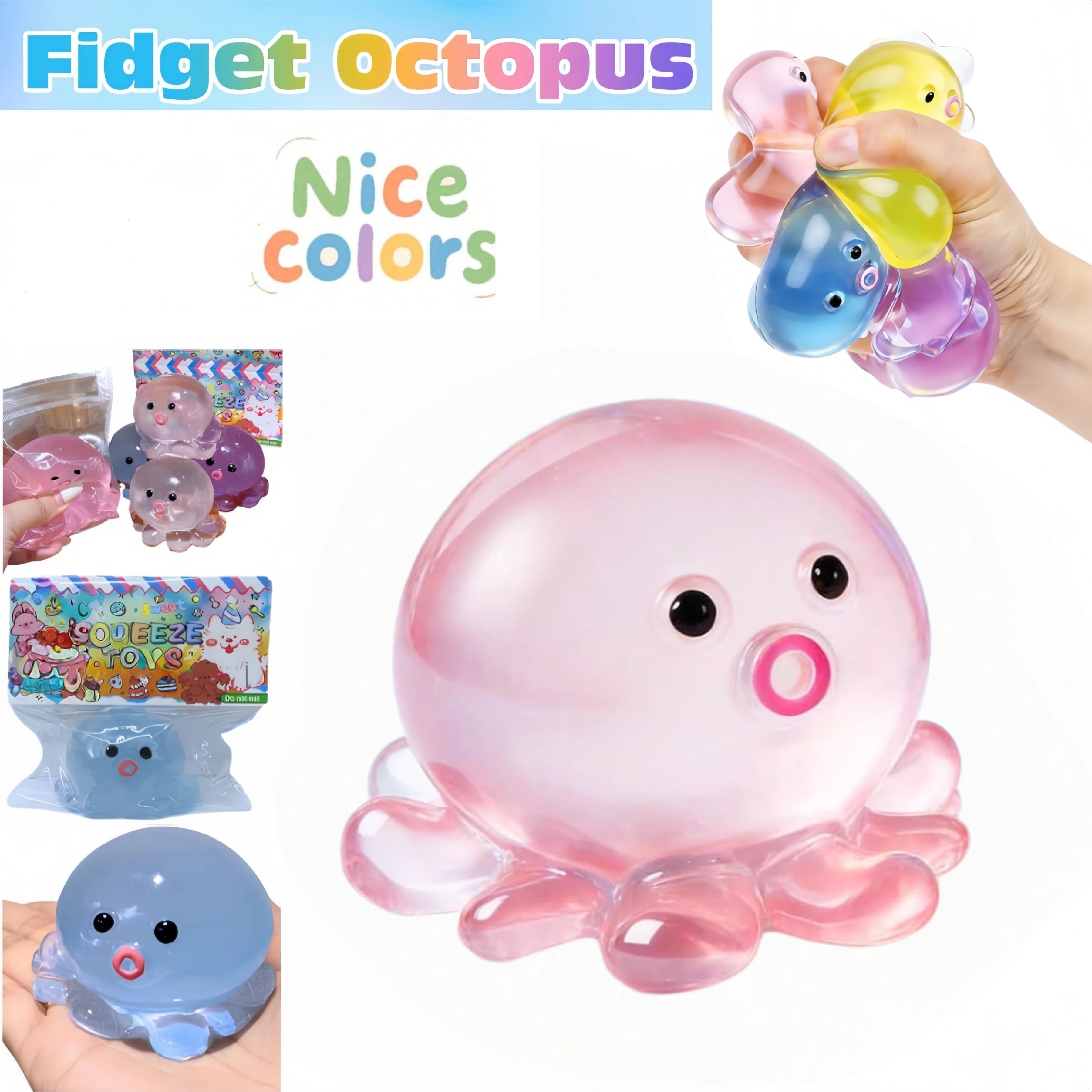 Squishy clear octopus squeeze fidget toy for stress relief, sensory pinch toy for kids and adults